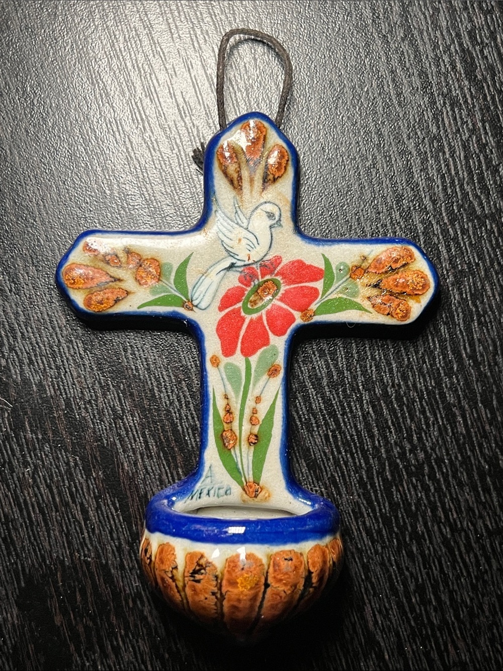 Tonala Mexican Art Pottery Cross Holy Water Font Wall Pocket Bird Floral